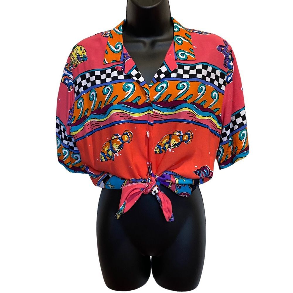 Vintage Rebecca Thomas Bright Colorful Ocean Themed 90s Button Down Shirt Sz 10